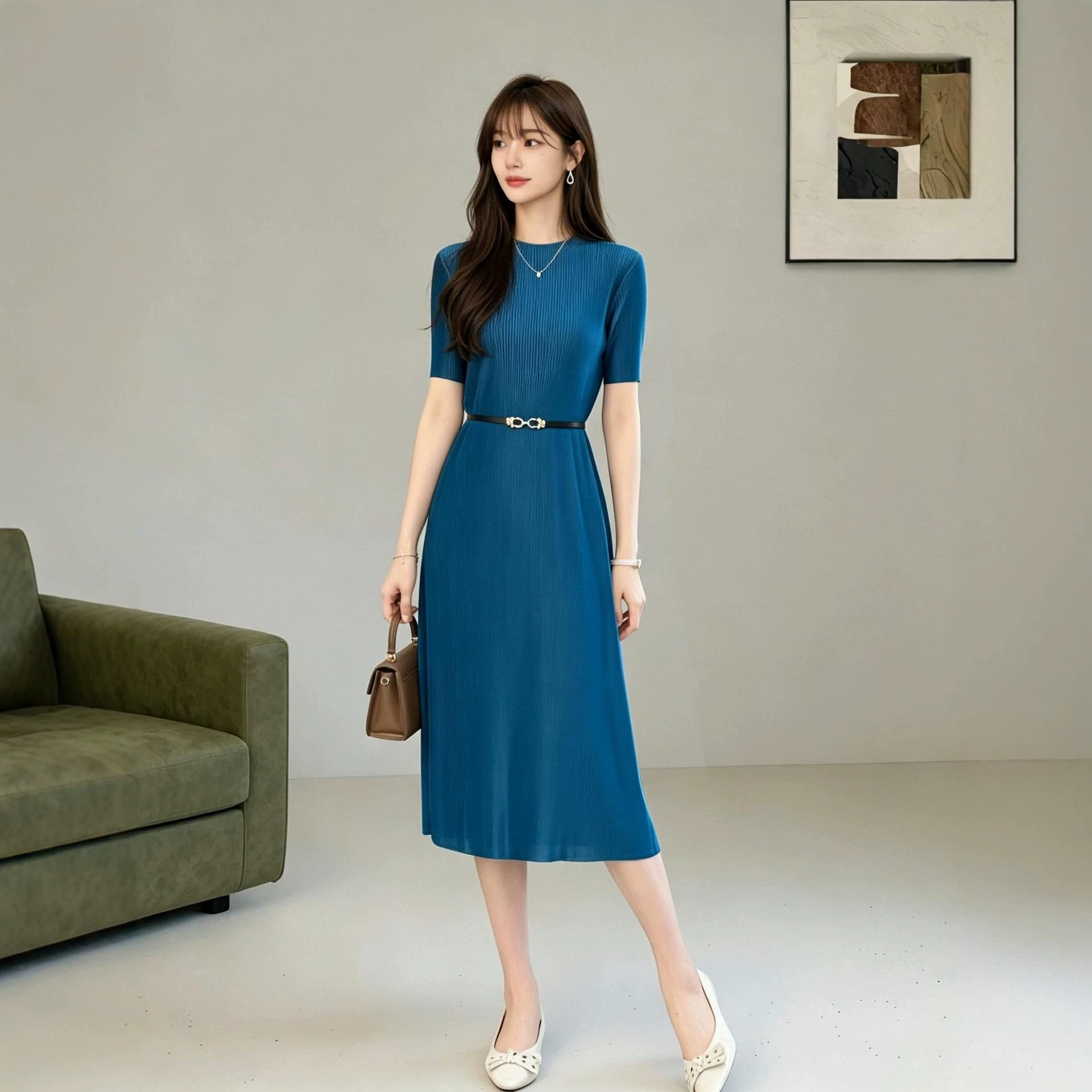 时尚修身通勤连衣裙纯色简约褶皱薄款夏新款百搭中长款女裙子优质
