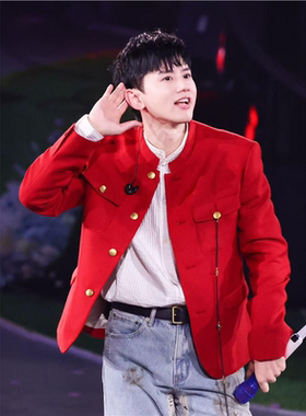 星服张杰明星同款外套男简约红色无领合身版型西装百搭休闲上衣夹