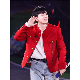 星服张杰明星同款外套男简约红色无领合身版型西装百搭休闲上衣夹