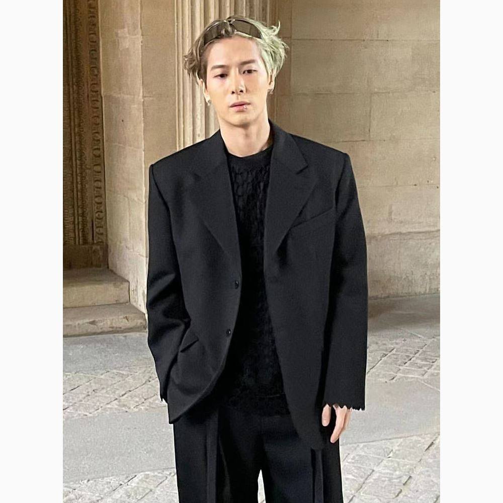 欧代王嘉尔同款黑色廓形质感垫肩西装西服外套休闲宽松长裤男女春