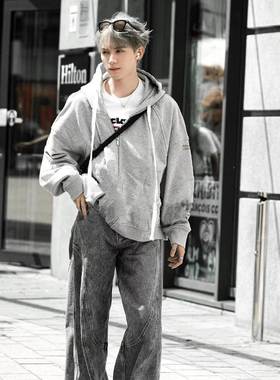 欧洲周翊然明星同款2025宽松休闲拉链重磅连帽卫衣灰色设计高级感