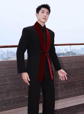 明星同款红色拼接一粒盘扣西装男士高级感主持个性痞帅休闲西服潮