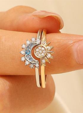 指环personalized retro women inlay diamond ring 太阳月亮戒指