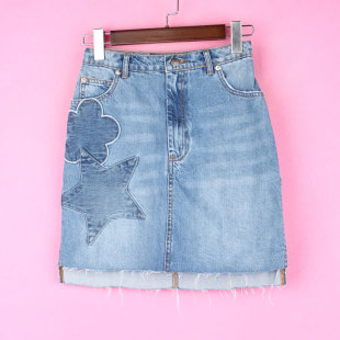 夏休闲半身裙包臀修身 116MS124库存女式 牛仔贴布绣短裙 徐08