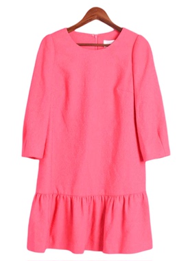 【徐08】R系列142077春秋女套头圆领长袖红色休闲百褶边连衣裙子