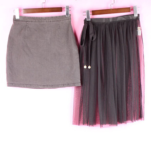 318422杭派库存夏女装 包邮 牛仔包臀外搭网纱短裙两件套 徐