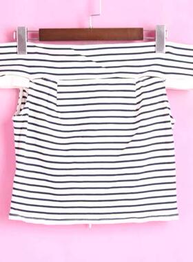 【徐】包邮BO系列141BO075女式春夏秋一字肩袖条纹修身上衣