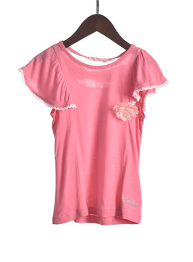 【徐】181016库存上新夏季圆领女童装圆领玫红色短袖花边T恤