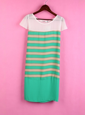 【徐08】104SYMM058库存剪标上新女式夏圆领横条纹肥大孕妇连衣裙