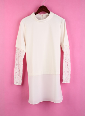 【徐08】104SYMM132库存剪标上新女春秋圆领长袖拼接白色雪纺上衣