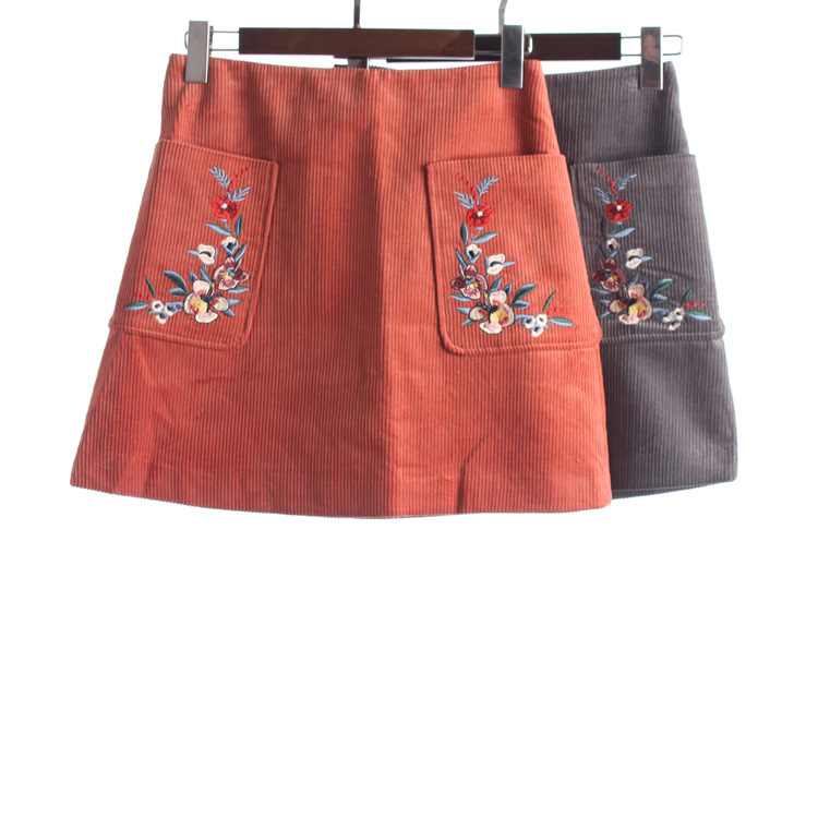 [徐07]朵系列166DY064库存春秋女复古风灯芯绒绣花A版半身短裙