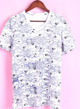 【徐08】147789库存夏季男士套头V领短袖蓝白印花休闲上衣T恤