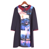 R系列142062库存清仓春秋女套头圆领长袖 徐08 印花休闲连衣裙