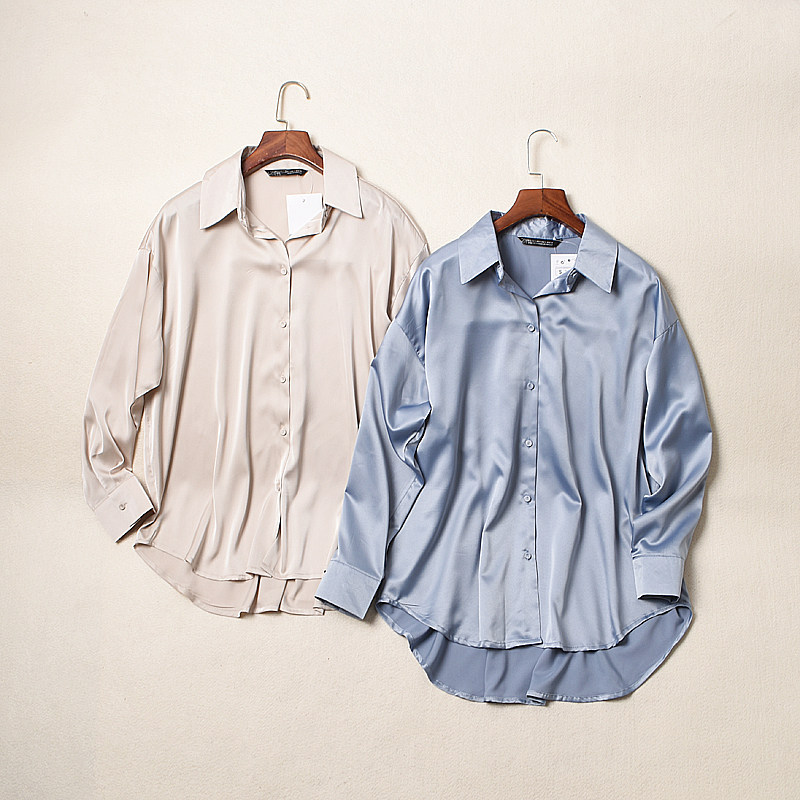 外贸女装西班牙D设计感小众轻熟港风宽松翻领缎面蓝色衬衫女长袖|ruв категории Женская одежда, рубашка - от Buy2taobao.com для оказания профессиональной услуги покупки агента Taobao