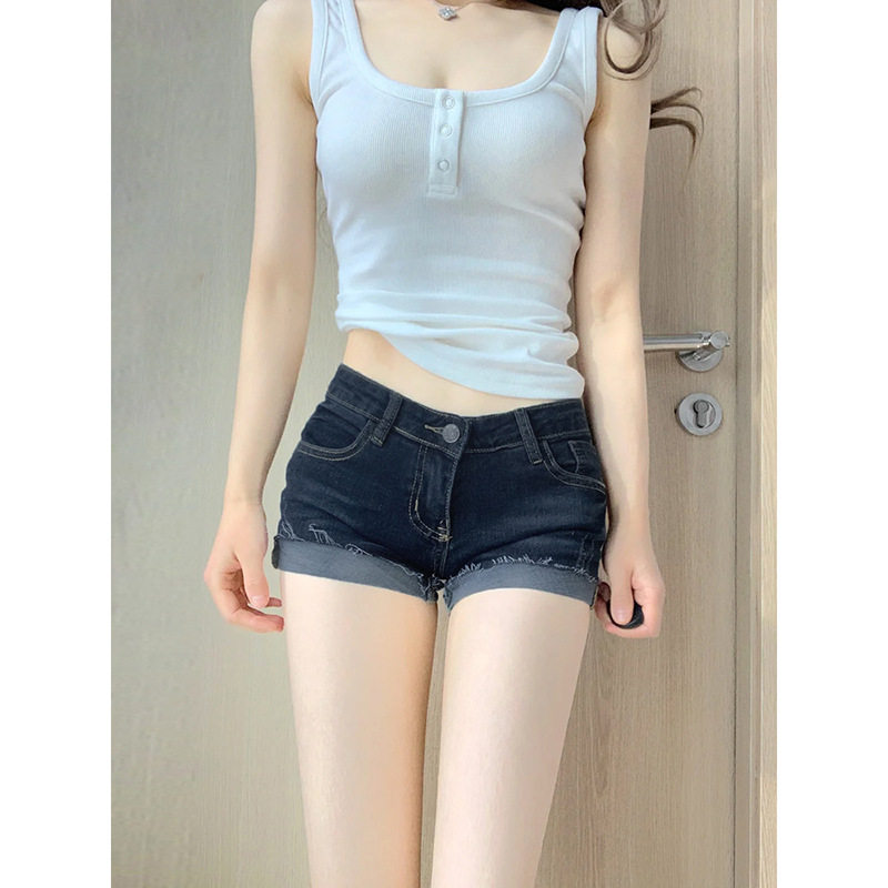 微胖mm美式辣妹高腰性感超短裤热裤牛仔裤女夏季深蓝色卷边短裤子