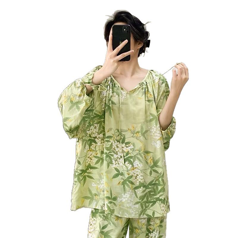 新中式国风宽松家居服三件套春夏棉绸睡衣女士长袖长裤家居服套装