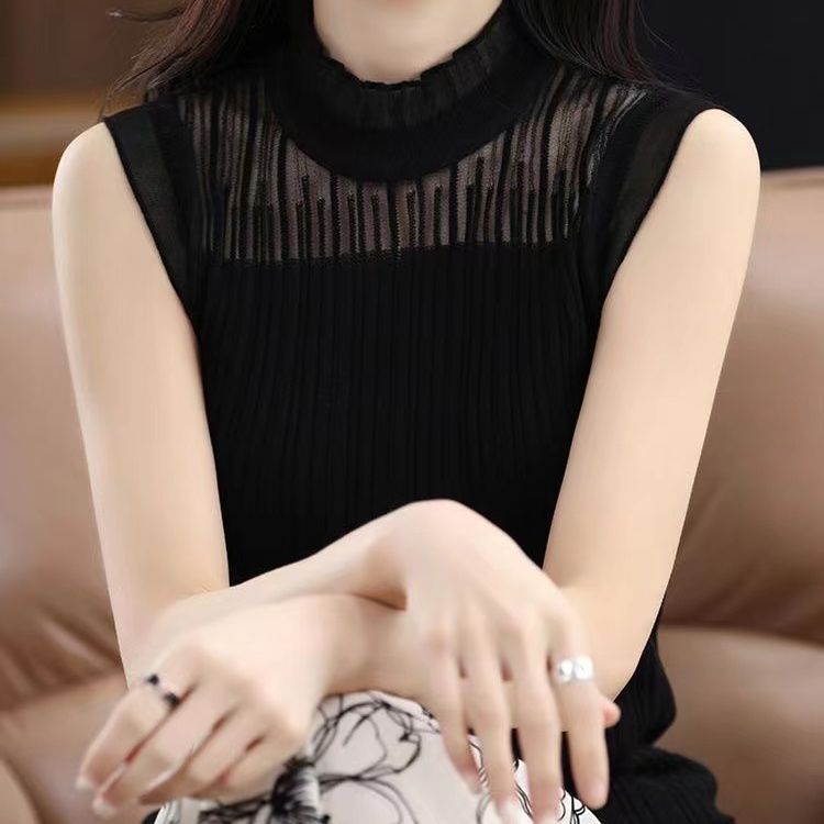 网纱半高领针织小吊带背心女内搭打底衫无袖短款上衣外穿蕾丝