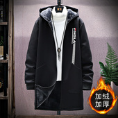 胖子毛内胆风衣男中长款 连帽加绒外套 潮牌大衣秋冬季 大码 潮牌韩版