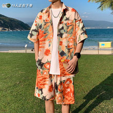 沙滩穿搭套装男夏季海边情侣装三亚风大码休闲男生花短袖衬衫男士