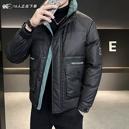 2024新款冬季羽绒服男款立领潮牌修身加厚保暖短款拼接冬装外套