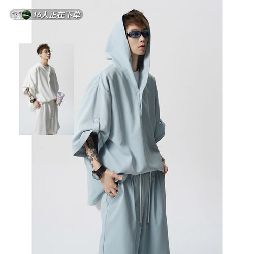 冰丝浅蓝色七分袖套装男连帽