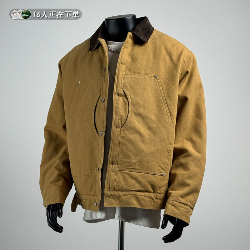 麻饭同学巴恩风工装外套男款春秋美式复古水洗帆布翻领底特律夹克