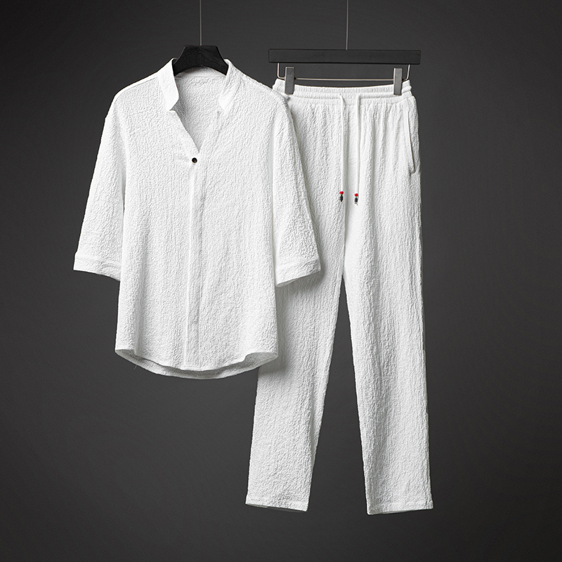 夏季薄款休闲冰丝套装男中国风唐装短袖T恤大码透气V领衬衫两件套