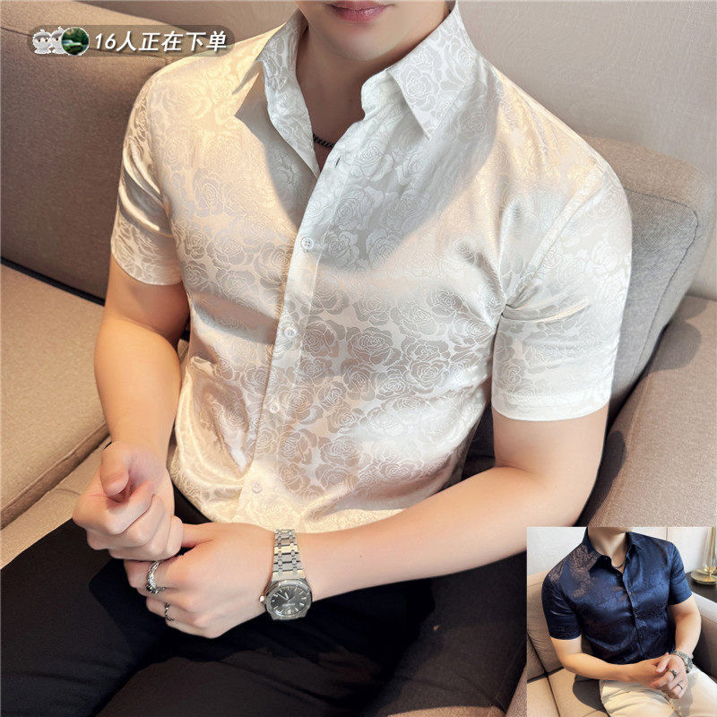 花衬衫男新款休闲暗花纹短袖衬衣韩版潮流修身亮面寸衫上衣高级感