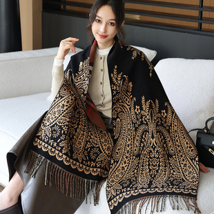 新款格纹双面仿羊绒围巾女外搭提花美拉德战马秋冬季保暖披肩围脖