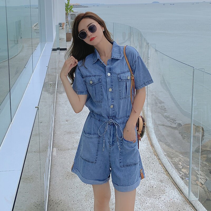 现货新款牛仔连体裤女显瘦连体衣女阔腿短裤潮487154P105控158，女装牛仔裤，艾青服饰