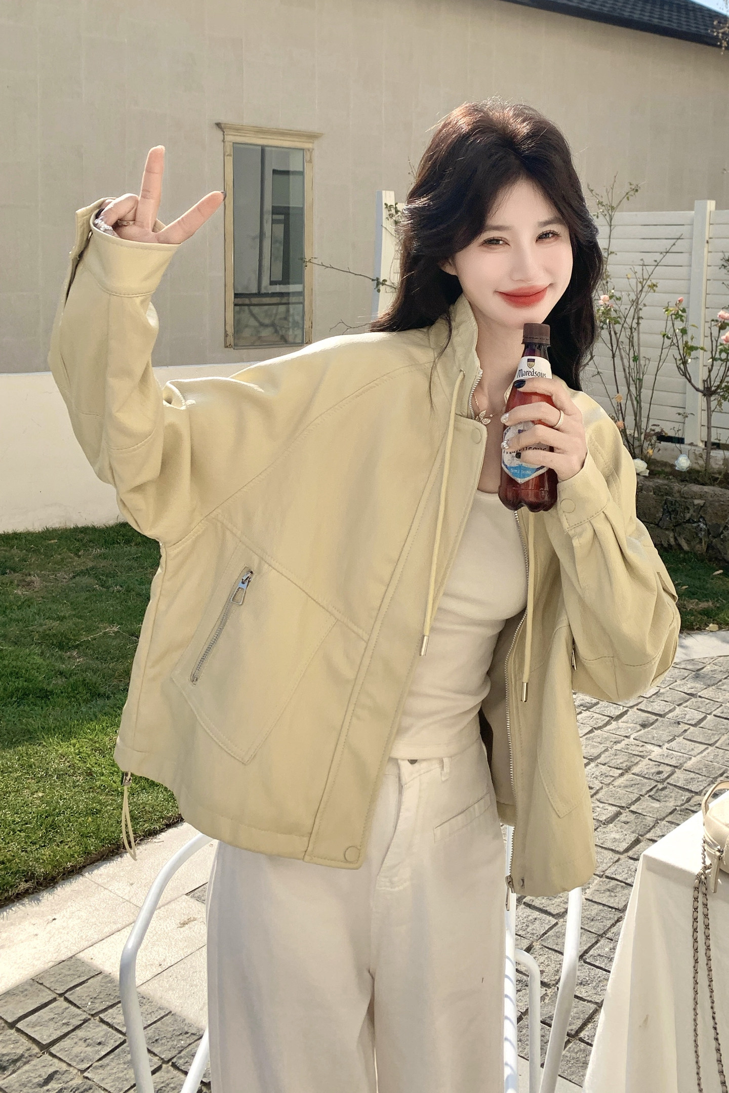 2026新款现货韩版立领抽绳宽松皮衣外套1535218P160K258,女装皮衣,艾青服饰