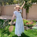 大一直出货天丝提花飞飞袖夏季连衣裙女1532426P115k178，女装连衣裙，艾青服饰