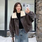 现货加绒秋冬新款宽松皮衣外套6651加绒加毛领175K278，女装皮衣，艾青服饰