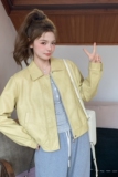 港风复古黄色皮衣外套女春2025新款高级感休闲小个子PU皮夹克上衣，商品下架区，艾青服饰