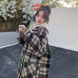 现货加棉冬装针织帽格子中长款呢大衣女1538258P185控268，女装毛呢外套，艾青服饰