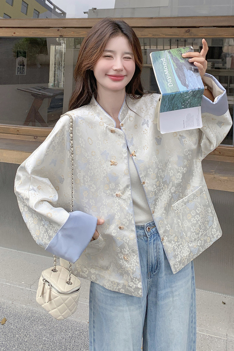 新款现货加色数据好金丝蝴蝶提花新中式外套2452P140K198,女装短外套,艾青服饰