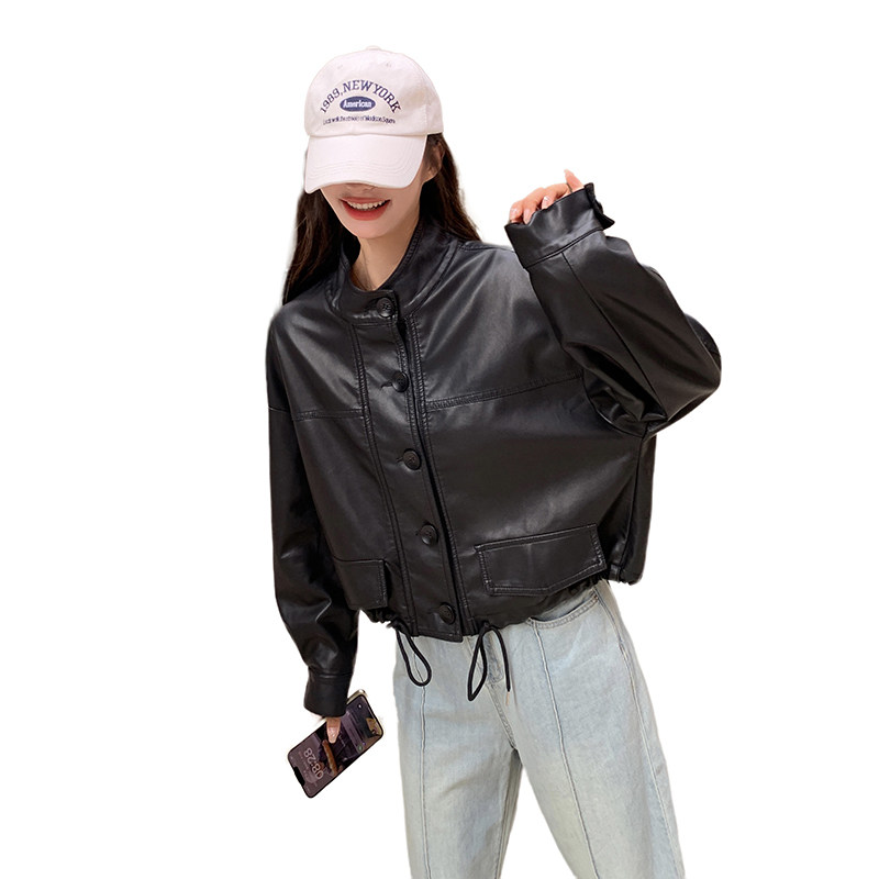 美拉德复古棕色pu皮衣外套女春秋2025新款小个子高级感机车皮夹克,女装皮衣,艾青服饰