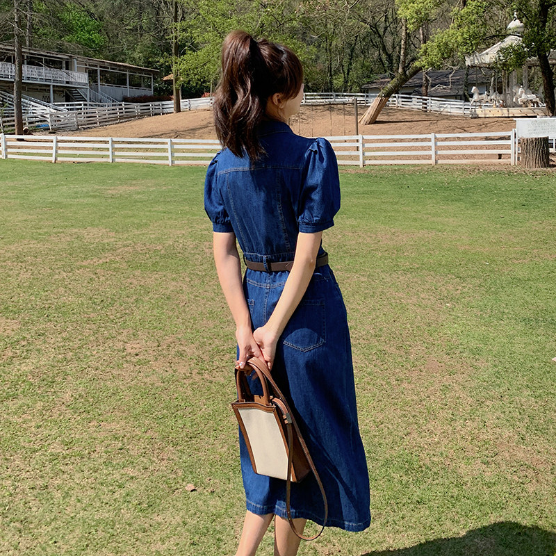 显瘦牛仔连衣裙女夏季新款时尚气质牛仔裙修身收腰牛仔衬衫裙长裙,女装连衣裙,艾青服饰
