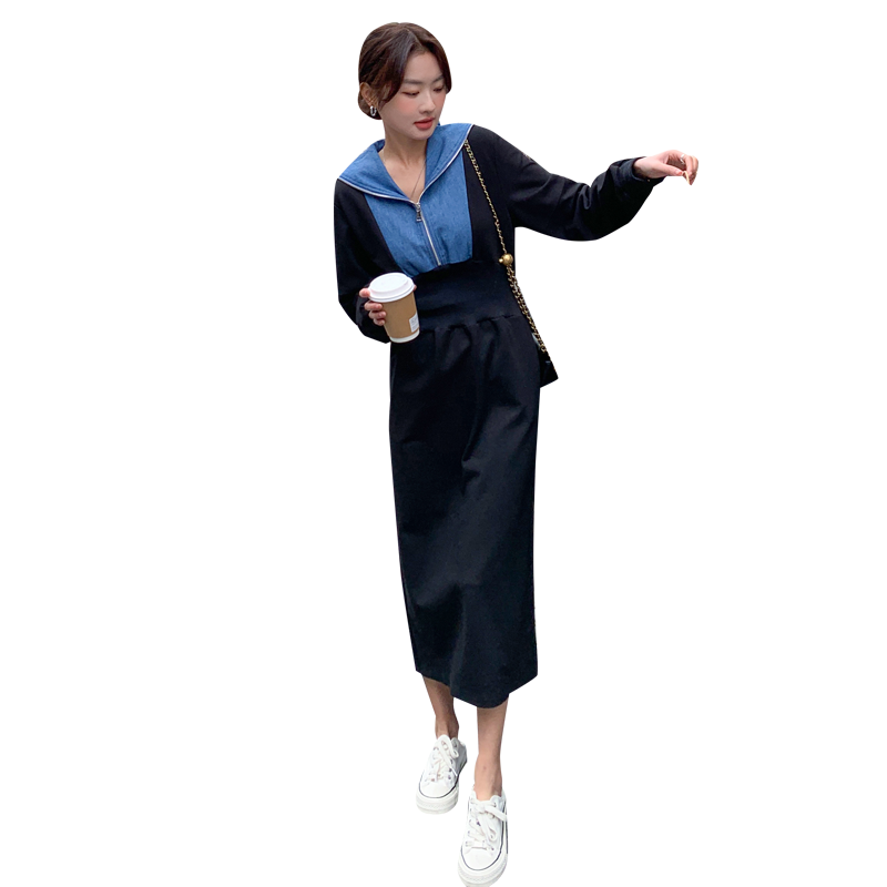 黑色卫衣海军领拼接牛仔连衣裙女2023春季新款学院风宽松百搭长裙,女装连衣裙,艾青服饰