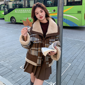 复古格纹白鸭绒加厚羊羔毛外套女2025冬新款宽松百搭小个子羽绒服图片