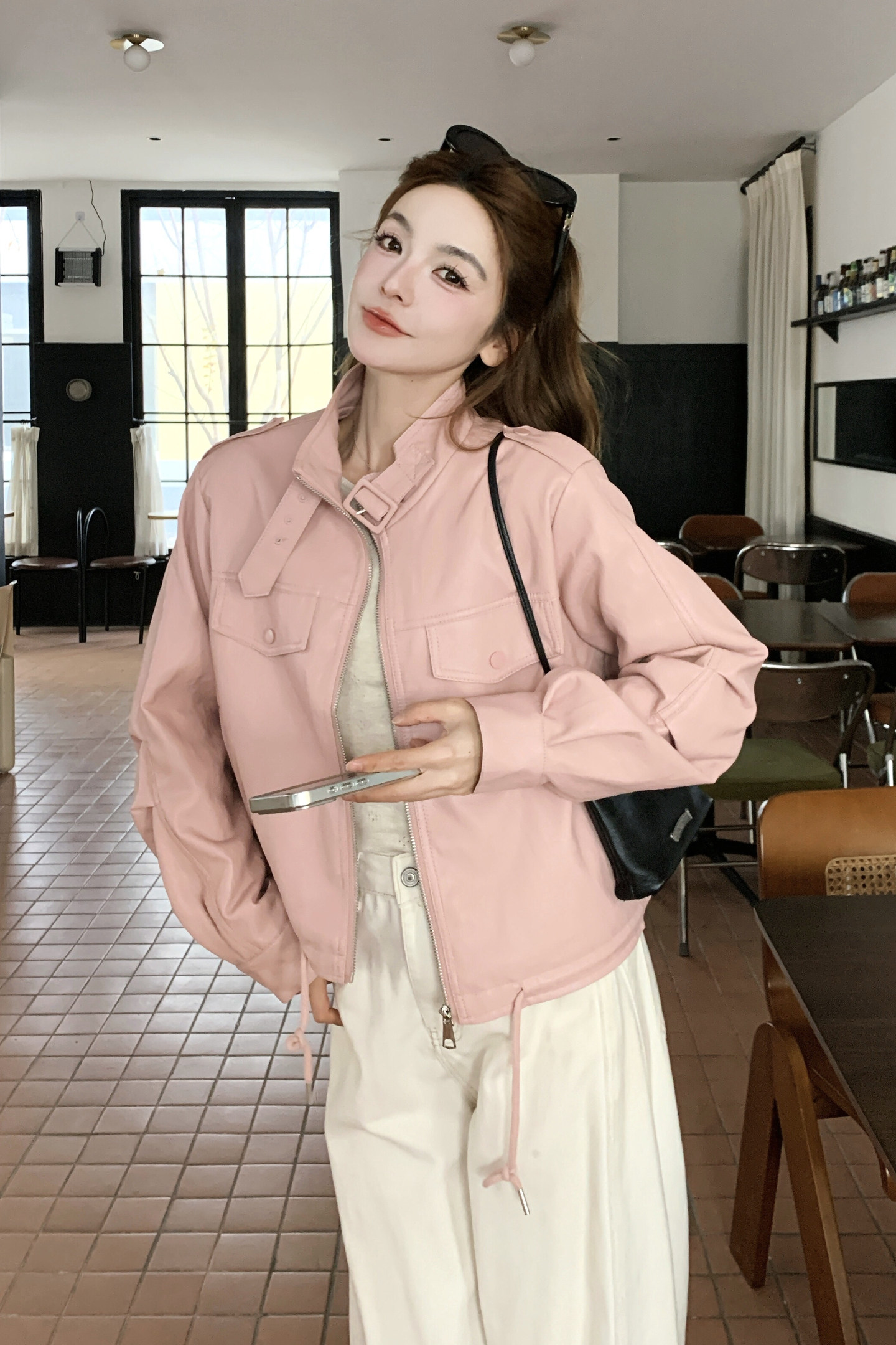2026新款现货韩版抽绳立领皮衣外套1535211P150K248,女装皮衣,艾青服饰