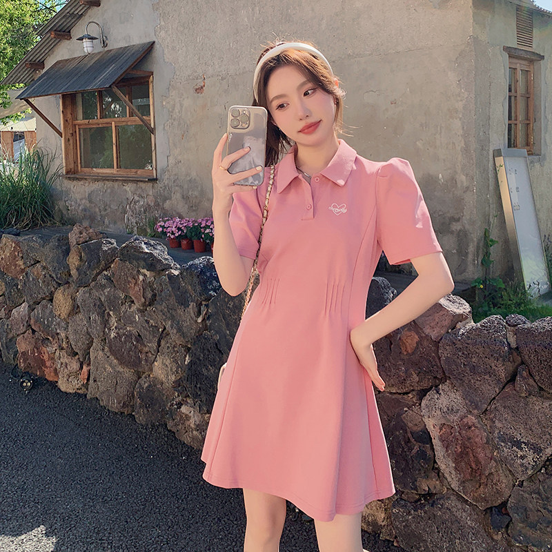 粉色休闲polo连衣裙女夏2025新款小个子高级感洋气减龄收腰a字裙,女装连衣裙,艾青服饰