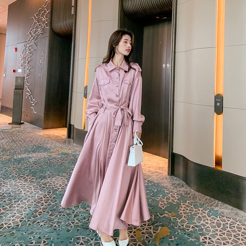 法式粉色衬衫连衣裙女春秋2025新款气质高级感长袖收腰仙女长裙子，女装连衣裙，艾青服饰