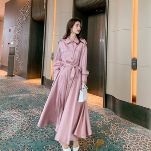法式粉色衬衫连衣裙女春秋2025新款气质高级感长袖收腰仙女长裙子,女装连衣裙,艾青服饰