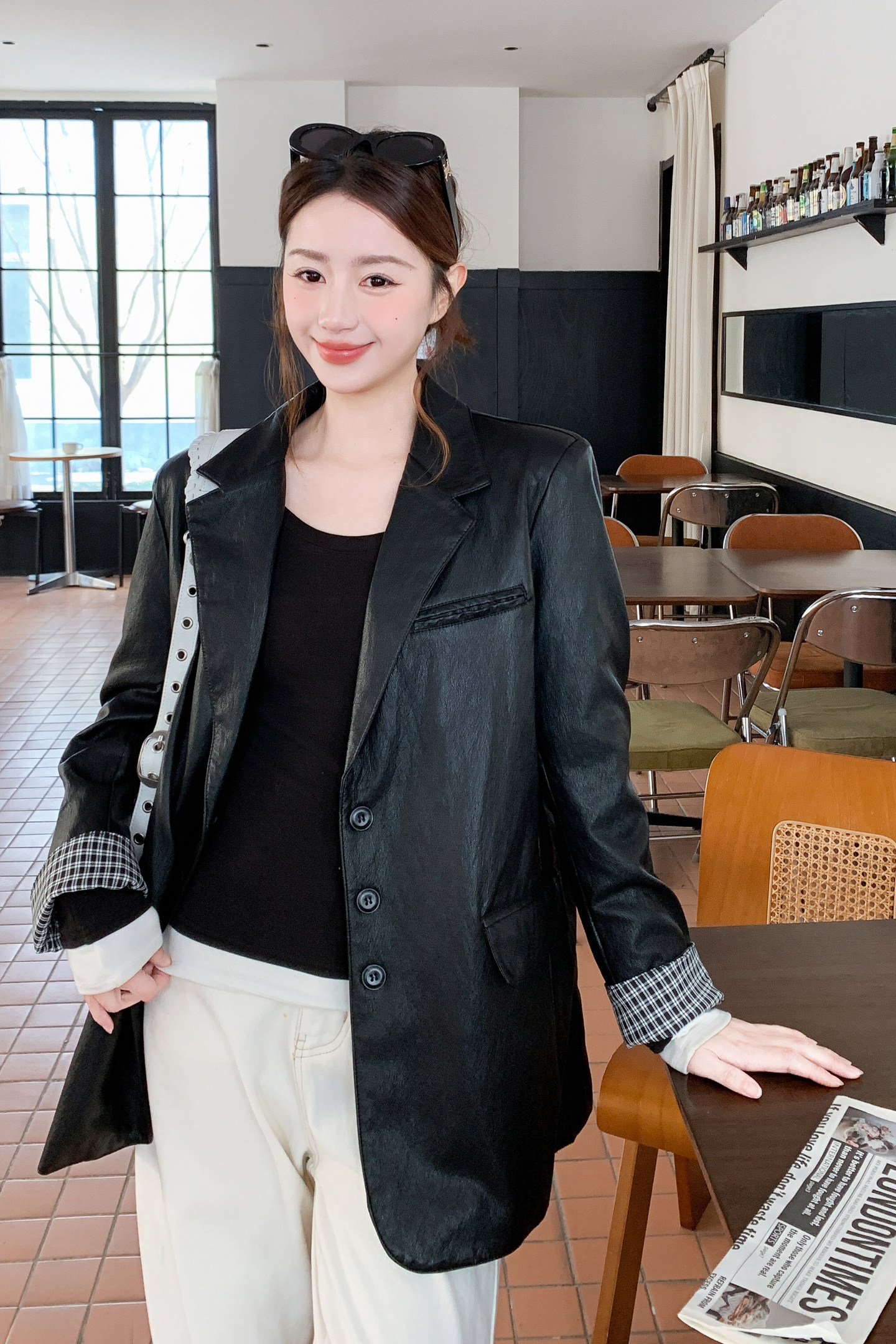 2026新款现货韩版格纹拼接西装皮衣外套1535213P155K248,女装皮衣,艾青服饰