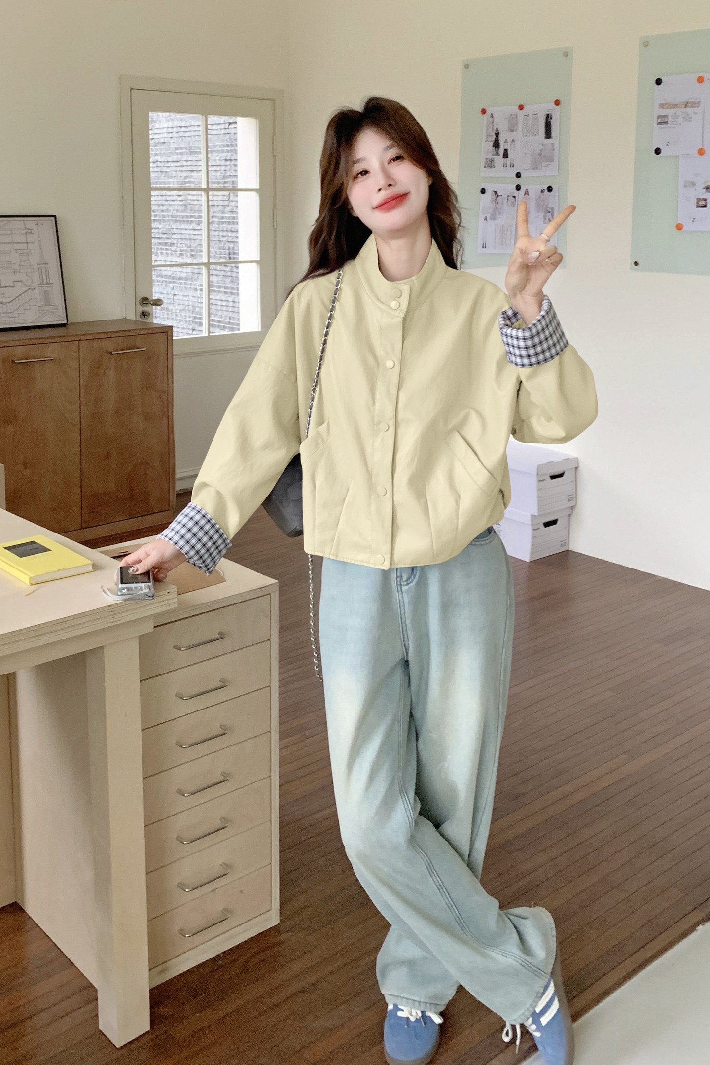 2026新款现货立领格纹拼接皮衣外套1535205P155K248,女装皮衣,艾青服饰