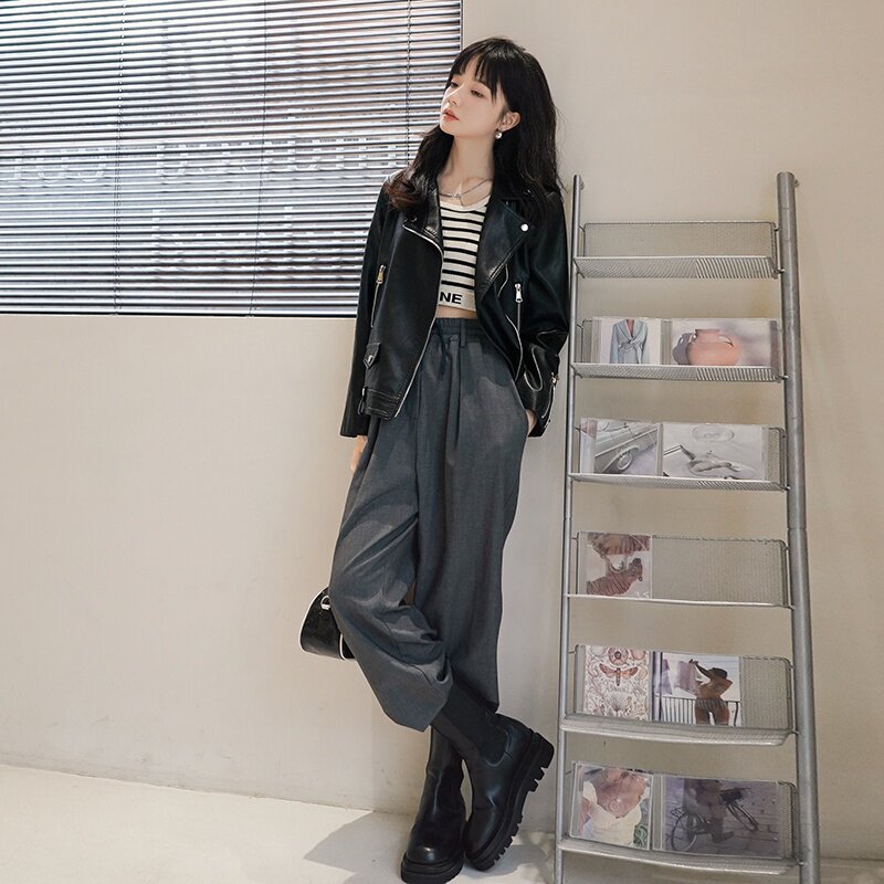 现货主推春秋皮夹克水洗PU皮机车服女外套212P130控188,女装皮衣,艾青服饰