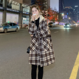 森系针织连帽格子毛呢外套女2023冬季新款韩版高级感撞色呢子大衣，女装毛呢外套，艾青服饰