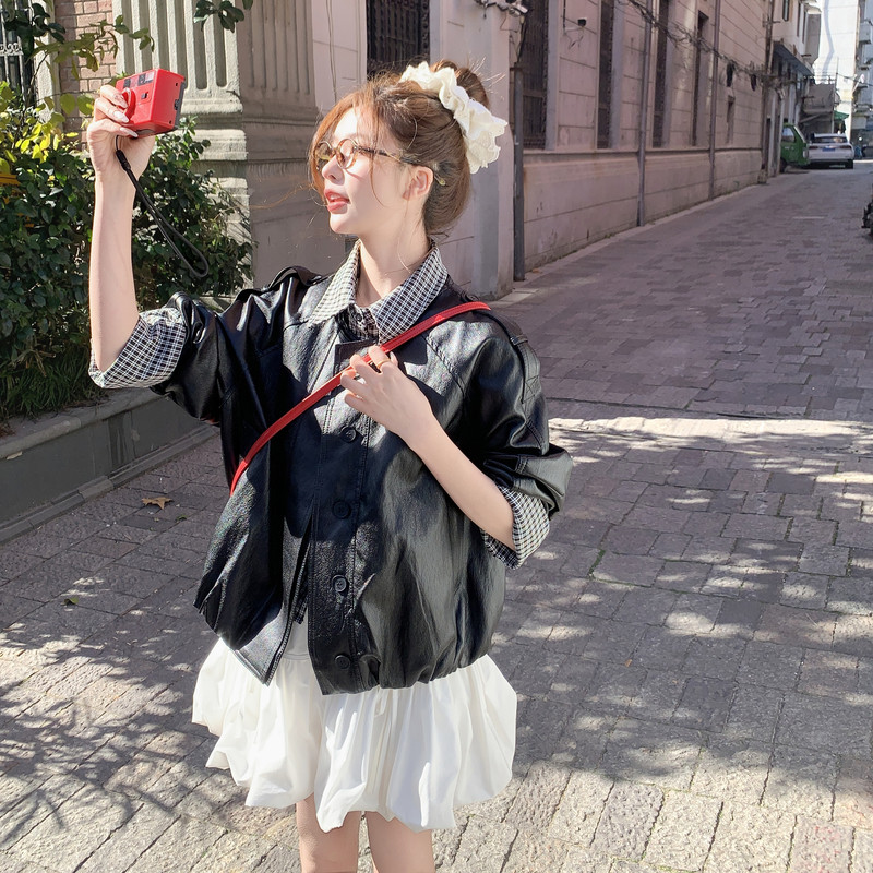 2026新款现货韩版宽松格子假两件皮衣外套1535216P165K268，女装皮衣，艾青服饰