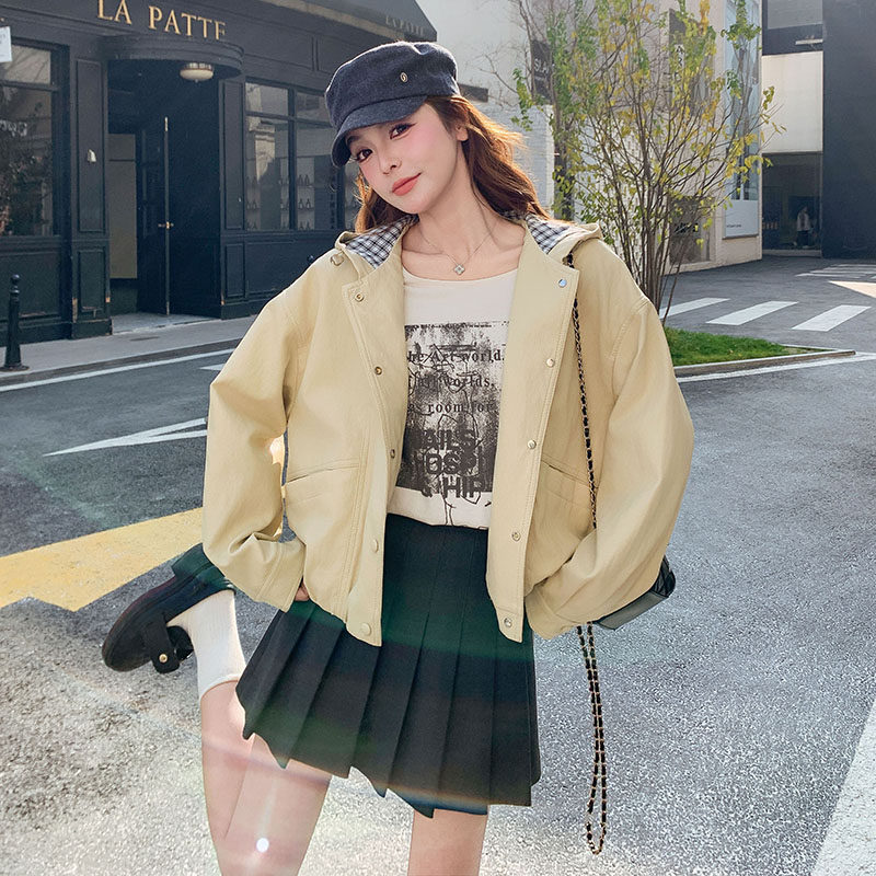 2026新款现货韩版格纹连帽拼接皮衣外套1535202P155K248，女装皮衣，艾青服饰